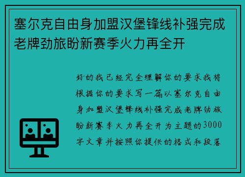塞尔克自由身加盟汉堡锋线补强完成老牌劲旅盼新赛季火力再全开