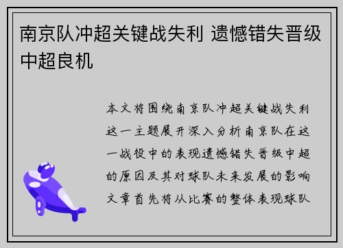 南京队冲超关键战失利 遗憾错失晋级中超良机